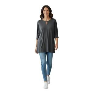 Chicos Shirt Womens 2 Large Black Top Tunic Blouse Slinky Liquid Knit Traveler